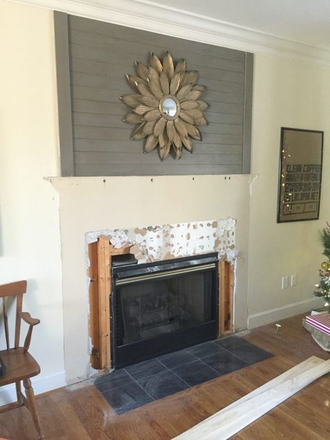 DIY Fireplace Makeover - At Home With The Barkers Gas Fireplace Makeover, Fireplace Tile Ideas, Fireplace Makeovers, Style Toscan, Ryobi Battery, Beautiful Tile Floor, Fireplace Redo, Diy Fireplace Makeover, Brick Fireplace Makeover