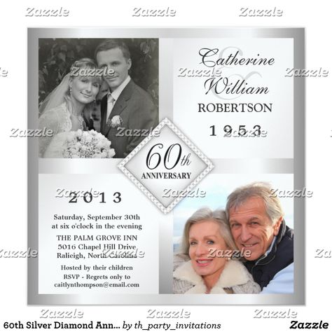 60th Silver Diamond Anniversary Photo Invitations 60th Wedding Anniversary Party, 60th Anniversary Parties, Wedding Anniversary Party Invitations, 60th Wedding Anniversary, Anniversary Party Invitations, Silver Invitation, Pink Floral Wedding, Marble Pink, Wedding Anniversary Photos