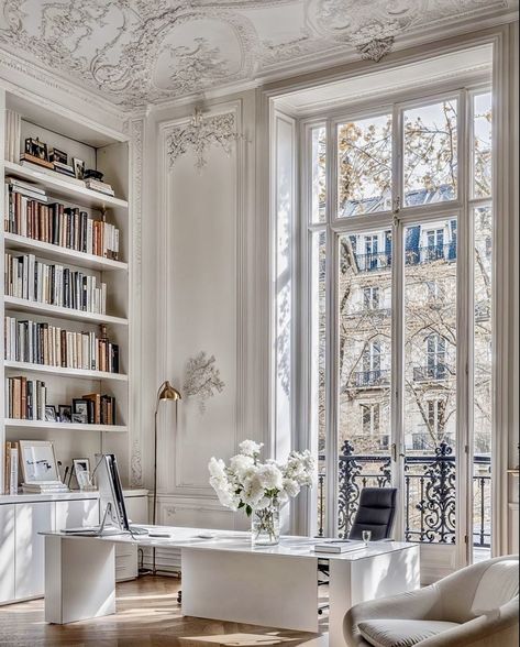 Parisian Home Office, Parisian Apartment Aesthetic, Parisian Office, Parisian Interior, French Apartment, Classy Living Room, Paris Guide, The World Of Interiors, Paris Home