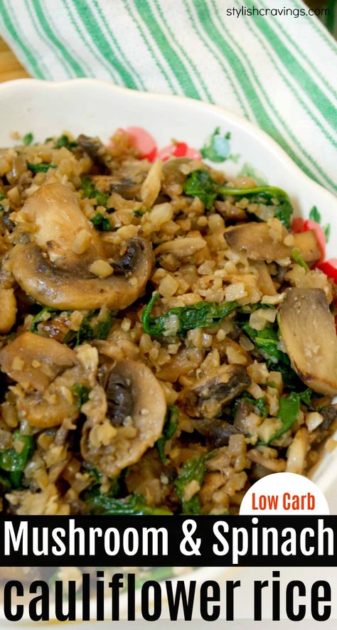 Mushroom & CauliflowerCauliflower Rice - Healthy side dish that's low carb and keto friendly! #ketodiet #ketorecipes #lowcarb #lowcarbdiet #keto #cauliflowerrice #cauliflowerrecipes #vegetarian #vegetariansidedishes #healthyrecipes Spinach Cauliflower Rice, Sides Veggies, Spinach Cauliflower, Rice Healthy, Wallpaper Food, Mushroom Spinach, Cauliflower Rice Recipes, Healthy Side Dish, Coconut Aminos