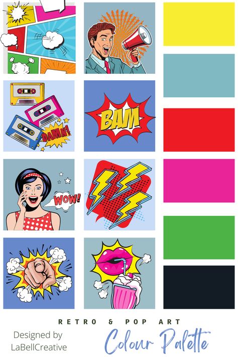 Retro Pop Art Color Palette, Pop Art Advertising Design, Popart Color Pallete, Pop Art Mood Board, Cartoon Colour Palette, Pop Art Colors Palette, Pop Colour, Pop Art Color Scheme, Pop Culture Party Theme