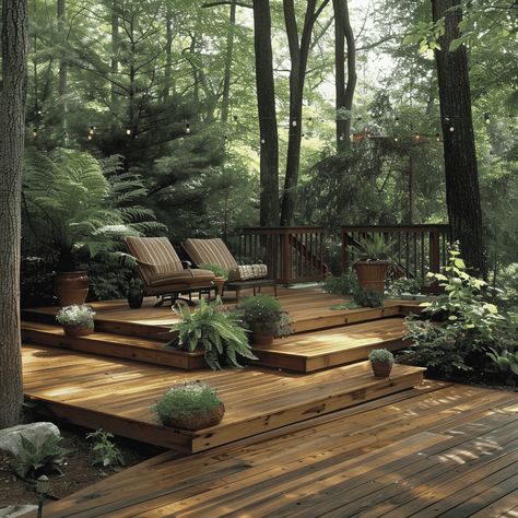 Elevate Your Outdoor Space: 24 Backyard Deck Inspiration Large Wooded Backyard Landscaping, Outdoor Floating Deck, Patio In Wooded Area, Deck Ideas For Sloped Backyard, Terraced Deck, Wooded Backyard Ideas, Deck Garden Ideas, Woods Backyard Ideas, Deck Around Tree