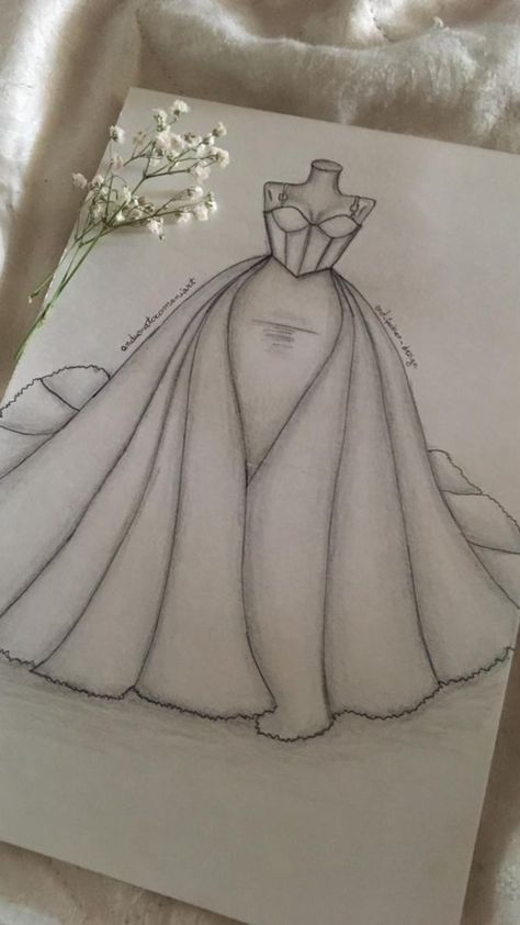 Dress Sketch, Wedding Dress Simple, Dress Simple, Dress Inspo, Sketch, Paintings, Wedding Dress, Flowers, White