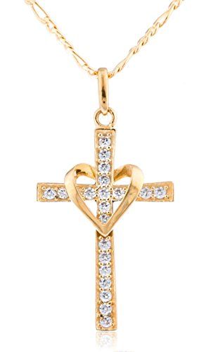 Real 10k Yellow Gold Heart  Cross Pendant with an 18 Inch Gold Overlay Figaro Necklace * You can get more details by clicking on the image. Heart And Cross, Real Gold Chains, Figaro Necklace, Cuff Bracelets Handmade, Peinados Recogidos, Gold Cross Pendant, Wear Necklaces, Gold Overlay, Gold Cross