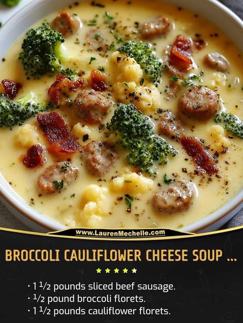 Sausage Cauliflower Soup, Broccoli Cauliflower Cheese Soup, Broccoli Cauliflower Cheese, Cauliflower Cheese Soup, Broccoli Cauliflower Soup, Cauliflower Cheese Soups, Soup With Sausage, Recipes Broccoli, Sausage Ingredients