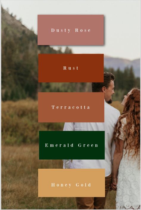 Wedding Boho Color Schemes, Emerald Green And Rust Color Palette, Country Color Palette Rustic, Green And Rust Aesthetic, Blush And Rust Color Palettes, Dark Green Rust Color Palette, Hunter Green And Rust Color Palette, Boho Theme Color Palettes, Floral Color Pallete