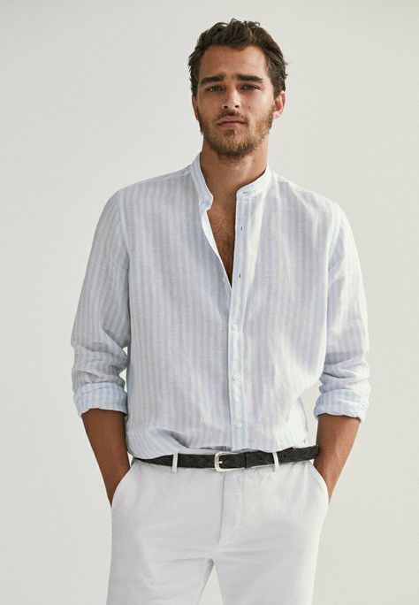 Formal Attire Men, Garden Formal Attire, Collarless Shirt Men, Outfit Kulot, Mens Linen Outfits, Striped Shirt Men, Menswear Details, Collarless Shirt, Striped Linen Shirt