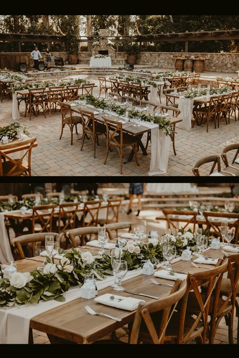 A collage containing two photos of table details, a wide and a closer shot. The tables are brown and  rectangular with cream cloth table runners and green, pink and white flowers running the length of the tables. Rustic And Green Wedding, Sage Green White Brown Wedding, Wedding With Green Accents, Sage Green And Wood Wedding Theme, Country Sage Green Wedding, Wedding With A Lot Of Greenery, Wedding Green And Champagne, Natural Sage Green Wedding, Sage Eucalyptus Wedding