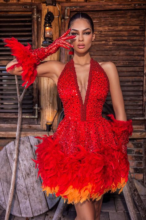 Embroidered with red pearls and beads.• Open chest• Open back• Fitted waist• Feathers • Gloves Feather Inspired Fashion, Rio Carnival Prom Dress, Phoenix Inspired Dress, Red Fire Dress, Bird Inspired Fashion, Fire Inspired Dress, Fire Inspired Outfits, Phoenix Character, Red Feather Dress