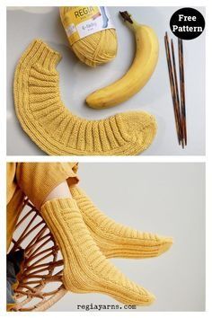 This Banana Tube Socks Free Knitting Pattern is perfect for anyone who wants to knit socks but isn't ready to tackle the heel just yet. Socks Free Knitting Pattern, Knitted Socks Free Pattern, Knitted Slippers Pattern, Trendy Socks, Sock Knitting Patterns, Slippers Pattern, How To Start Knitting, Knitted Slippers, Sock Patterns