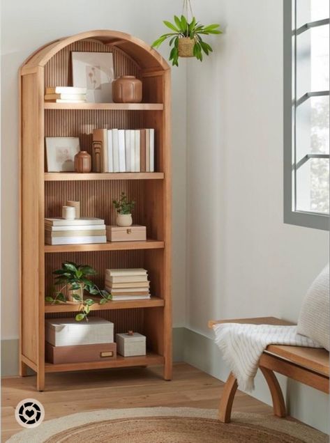 Arch Bookcase, Magnolia Furniture, Styling A Bookcase, Tattoo Plant, Bookshelves In Bedroom, Wood Arch, Wood Bookshelves, Bookshelf Styling, Bookshelf Design