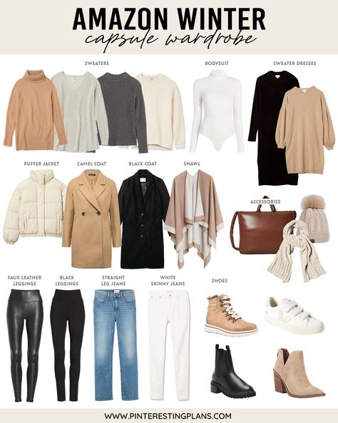 Amazon Winter Capsule Wardrobe 2021 Winter Capsule Wardrobe Travel, Winter Travel Wardrobe, Capsule Wardrobe Shoes, Plus Size Capsule Wardrobe, Winter White Outfit, Capsule Wardrobe Women, Neutral Capsule Wardrobe, Capsule Wardrobe Basics, Capsule Wardrobe Outfits