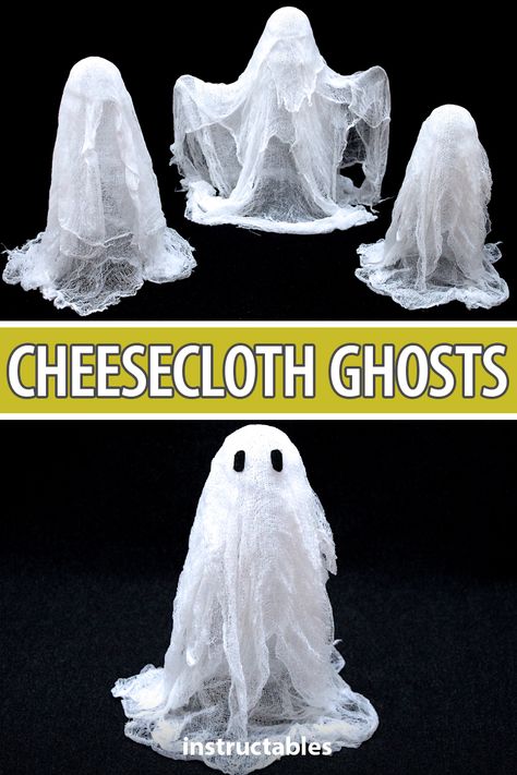 How To Make Halloween Ghouls, Diy Ghost Out Of Cheese Cloth, Floating Ghost Diy Cheesecloth, Ghost Decoration Outdoor, Diy Ghosts Outdoor Cheesecloth, Diy Ghost Hanging From Tree, How To Make Yard Ghosts, Diy Cheese Cloth Ghost, How To Make Ghost With Cheese Cloth