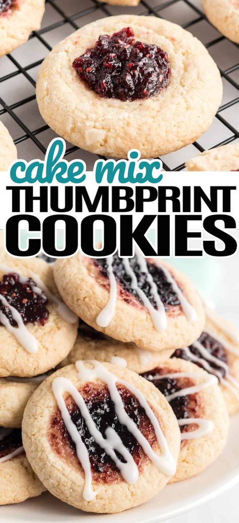 Make delicious thumbprint cookies using a cake mix and your favorite flavor of jam! They're a holiday favorite that's beautiful & fun to make! #RealHousemoms #cakemix #thumbprint #cookies #jam #jelly #chistmas #easter #kidfriendly Cake Mix Thumbprint Cookies, White Cake Mix Cookies, Cake Box Cookies, Jam Thumbprint Cookies, French Vanilla Cake, Boxed Cake Mixes Recipes, Jelly Cookies, Thumbprint Cookies Recipe, Boxed Cake