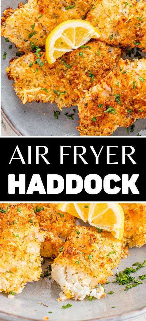 Overhead shot of plateful of breaded air fryer haddock at top and closeup shot of plateful of breaded air fryer haddock at bottom. Air Fryer Haddock, Cooking Haddock, Fried Haddock Recipes, Baked Haddock Recipes, Fried Haddock, Air Fried Fish, Baked Haddock, Air Fryer Fish Recipes, Haddock Recipes