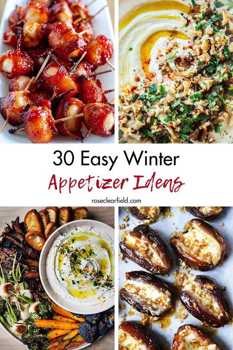 A round-up of 30 easy winter appetizer ideas for all of your cold weather entertaining! Quick sweet and savory appetizer recipes that are perfect for birthday parties, bridal showers, baby showers, and more. #appetizers #appetizerrecipes #easyappetizers Displaying Appetizers Presentation, New Year Appetizers Easy, Savory Winter Appetizers, Winter Catering Ideas, Winter Wonderland Savory Food, Wine And Horderves Party, Easy Hors Devours Appetizers, Snowflake Themed Appetizers, Winter Crostini Appetizers