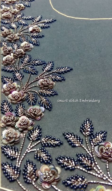 siqwens beads embroidery Hand Work Embroidery Suits Style, Hand Work Design Pattern, Beaded Flower Embroidery, Embroidery Designs Beads, Beads Embroidery Designs, Bead Work Embroidery, Embroidery With Beads, Sequin Flowers, Silk Ribbon Embroidery Patterns