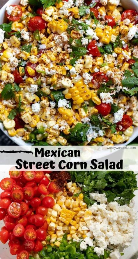 This Mexican Street Corn Salad Recipe is a lighter version of traditional street corn. With roasted corn, fresh tomatoes, cilantro, jalapeño and quest fresco this makes a fantastic side dish for potlucks, parties and barbecues. #cornsalad #mexicanstreetcorn #sidedishrecipes - mexican corn recipes - mexican corn salad - healthy mexican corn - mexican street corn - mexican style corn - mexican corn recipe easy - vegetarian side dish - mexican side dishes Quest Fresco, Street Corn Salad Recipe, Easy Vegetarian Sides, Mexican Corn Recipes, Mexican Street Corn Salad Recipe, Street Corn Salad, Corn Salad Recipe, Mexican Corn Salad, Potluck Side Dishes