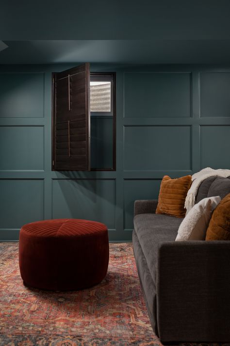 Moody Basement, Basement Tv Rooms, Retro Basement, Basement Colors, Basement Window, Dark Basement, Basement Studio, Basement Office, Craftsman Interior