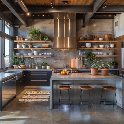 18+ Best Kitchen Designs That Perfectly Blend Industrial Elements with Comfort • 333+ Art Images Classic Industrial Kitchen, Kitchen Industrial Shelves, Ikea Industrial Kitchen, Country Industrial Kitchen, Ikea Kitchen Industrial, Industrial Kitchen Lighting Ideas, Industrial Loft Kitchen Open Concept, Earth Kitchen Design, Industrial Kitchen Design Inspiration