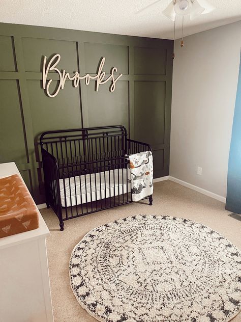 #nursery #baby #boardandbattenwall #rug #brooks Accent Wall Boy Nursery, Baby Boy Nursery Name Sign, Baby Boy Nursery Themes Rustic, Baby Boy Nursery Accent Wall, Boy Nursery Accent Wall, Nursery Accent Wall Boy, Boy Nursery Ideas Rustic, Board And Batten Nursery Wall, Board And Batten Wall Nursery