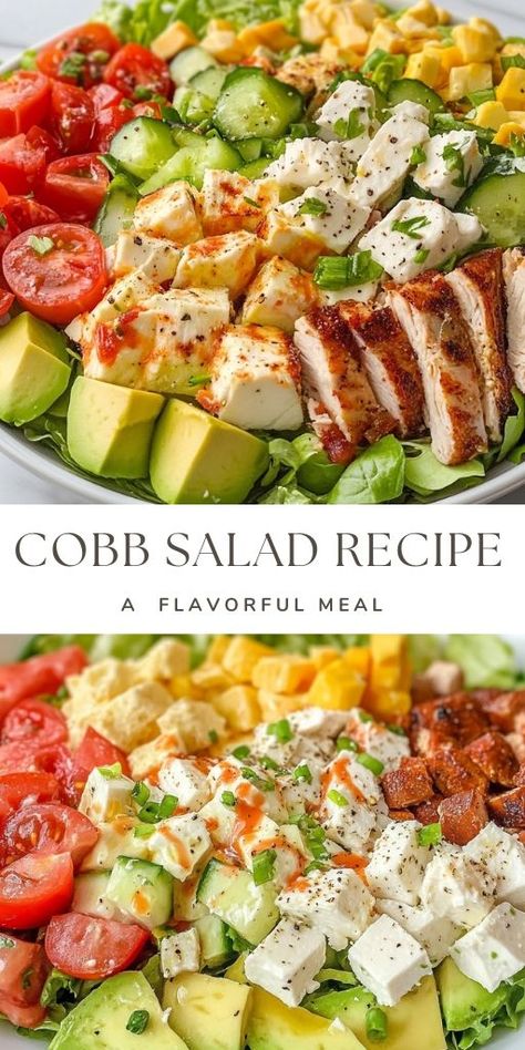 Classic Cobb Salad Recipe: A Nutritious and Flavorful Meal Ingredients 1 romaine heart, chopped 1 cooked chicken breast, cubed 2 hard-boiled eggs (or soft-boiled for a runny yolk) 2 pieces cooked bacon (turkey bacon can also be used) ¼ cup feta, crumbled or cubed ½ avocado, cubed 6 cherry tomatoes, sliced in half Red onion, thinly sliced (optional) #CobbSalad #Recipe Classic Cobb Salad Recipe, Bacon Turkey, Classic Cobb Salad, Colorful Salad, Cobb Salad Recipe, Chopped Salad Recipes, Hearty Lunch, Juicy Tomatoes, Chopped Salad