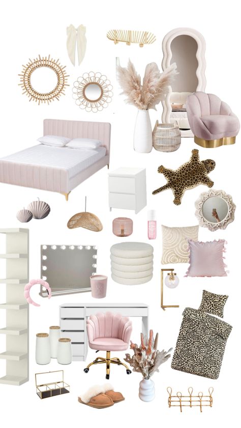 Pink And Gold And White Bedroom, Pink Bed Inspo Aesthetic, Preppy Themed Room, Pink Gold And White Bedroom Aesthetic, Room Ideas Gold And Pink, Gold White Pink Bedroom, Places To Get Room Decor, Pink Room Decor Of Your Dreams, Cute Bedroom Makeover Ideas