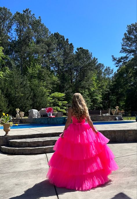 Poses Dress, Hot Pink Satin Dress, Tool Dress, Dress Poses, Hot Pink Prom Dress, Fluffy Dress, Pink Tools, Hot Pink Fashion, Pool Hair