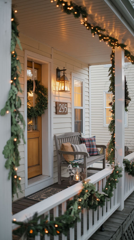 Transform your porch into a cozy holiday haven with these Christmas porch decorating ideas! From wreaths to twinkling lights, make your home’s entrance festive and warm. #ChristmasPorchDecor #ChristmasPorchIdeas #FrontPorchChristmas Old House Christmas Decor Front Porches, Holiday Lights Outdoor Porch, Double Porch Christmas Decor, Southern Porch Christmas Decor, Porch Light Decorations Christmas, Christmas Decor 2024 Front Porch, Garland Front Porch Christmas, Front Porch Christmas Columns, Small Front Porch Railing Christmas Decor Ideas