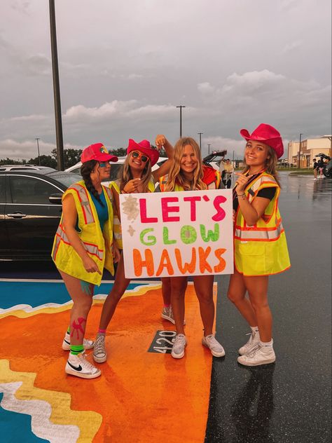 Football Game Construction Theme, Jersey Theme Football Game Poster, Paint Up Football Game Theme, Neon Themed Football Posters, Hawiann Theme Football Games, Neon Pep Rally Ideas, Jail Break Football Theme, Football Game Neon Theme, Neon Cheer Theme