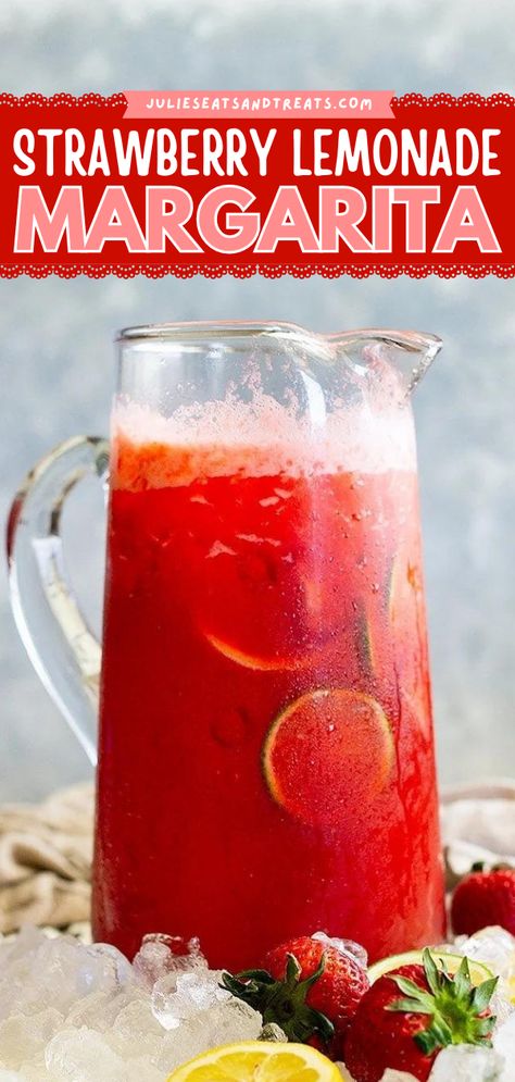 A simple margarita recipe for a crowd! This easy summer cocktail is ready in just minutes. Cool and refreshing, a pitcher of this Strawberry Lemonade Margarita is the perfect alcoholic 4th of July drink! Strawberry Lemonade Margarita, Lemonade Margarita, Watermelon Martini, Frozen Drinks Alcohol, Pitcher Drinks, Mommy Juice, Purple Drinks, Mix Drinks, Strawberry Delight