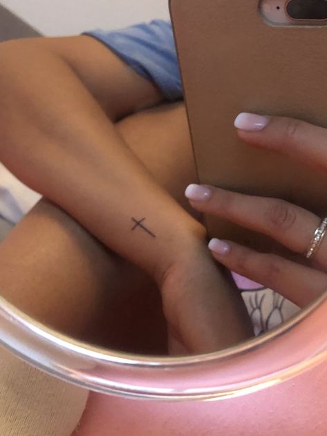 Small Tattoos For God, Bible Small Tattoos, Cute Tattoos With Meaning Christian, Cross Quote Tattoo, Small And Dainty Tattoos, Small Tattoos Dainty, Small Faith Tattoos For Women Simple, Small Petite Tattoos, Minimalist Cross Tattoo Women