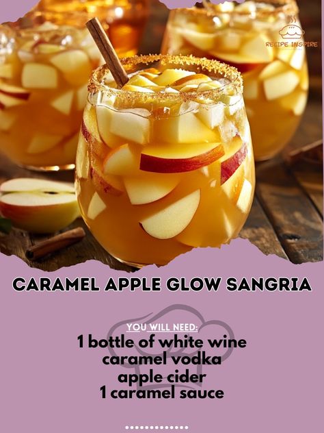 🍎✨ Get ready for a flavor explosion with our Caramel Apple Glow Sangria! Perfect for fall gatherings 🍂🍷 Caramel Apple Glow Sangria Ingredients: - 1 bottle of white wine (750ml) - 1 cup caramel vodka - 2 cups apple cider - 1/4 cup caramel sauce - 2 apples, sliced - 1 orange, sliced - Cinnamon sticks for garnish Instructions: 1. In a large pitcher, combine white wine, caramel vodka, apple cider, and caramel sauce. Stir well. 2. Add sliced apples and oranges to the pitcher and stir gently to ... Apple Pie Sangria Recipe Caramel Vodka, Apple Cider Sangria With Caramel Vodka, Crown Caramel Apple Drinks, Caramel Apple Sangria Recipes, Caramel Sangria, Caramel Vodka Apple Cider, Carmel Vodka, Vodka Apple Cider, Autumn Beverages