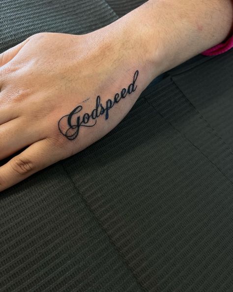 Godspeed🪽 • DM TO BOOK, BOOKING FOR JULY DEALS DROPPING SOON! #ladysmokeinkk #godspeed #firsttattoo #handtattoo #small #cute #girltattoos #girlythings #tatinspo #chopinscript #dmtobook #blackink #dynamicink #ambitionrotary #chicago #midway #girlswhotattoo #explorepage #foryoupage Cute Tattoos Finger, Godspeed Hand Tattoo, Mini Tattoo Ideas, Godspeed Tattoo, Side Finger Tattoos, Finger Tattoos Words, Side Neck Tattoo, Verse Tattoos, Hand Tattoos For Girls