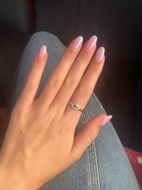 Nails Inspiration Pink Chrome, Light Pink Shiny Acrylic Nails, Light Pink Chrome Gel Nails, Milky White Pink Nails Acrylic, Sheer Sparkly Pink Nails, Subtle Pink Chrome Nails, Pale Pink Chrome Almond Nails, Light Pink Nails With Shimmer, Nail Ideas Acrylic Light Pink