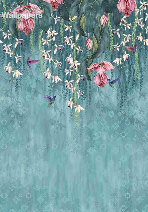 Spectacular frieze of cascading orchids and curious hummingbirds on a textured effect background.One roll contains 3 x 70cm wide strips. The strips are hung vertically to form a panel 2.1 meters wide. The panels can be joined together to cover any length of wall.The panel height is 3 meters and is designed to be trimmed down to your wall height. Osborne And Little Wallpaper, Orchid Wallpaper, Teal Wallpaper, Pink Orchids, Landscape Features, Hanging Flowers, Teal And Pink, Designers Guild, Wallpaper Panels