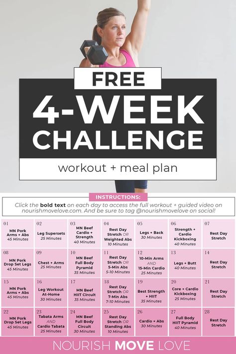 Download your FREE Monthly Workout Plan PDF! A 4-week workout challenge designed to build strength and burn fat at home. Daily guided workout videos ranging from 20-40 minutes a day, 5-6 days a week. All you need is a set of dumbbells. AND this free monthly workout plan includes a 4-Week Healthy Eating Meal Plan! From upper body sculpt workouts to lower body power lifting and core conditioning - this monthly workout plan hits every muscle in the body. Easy And Healthy Dinners, Pregnancy Ab Workout, Core Conditioning, Cardio Kickboxing Workout, 4 Week Workout Plan, Workout And Meal Plan, Full Body Strength Workout, Monthly Workout Plan, 4 Week Workout