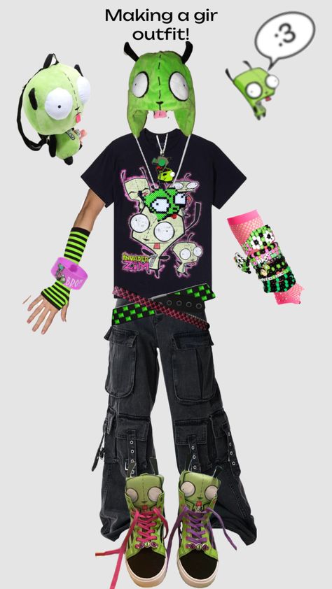 Gir outfit! #invaderzim #scene #scenecore #gir #giroutfit #outfit #kandi #cute Kandi Kid Outfit, Scenecore Aesthetic Outfit, Scene Outfits Aesthetic, Scenecore Clothes, Scenecore Outfit, Scene Kid Outfits, Diy Goth Clothes, Scene Kandi, Cute Wolf Drawings