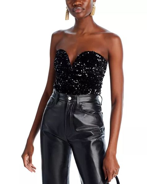 AQUA - Sequined Bustier Top - 100% Exclusive Strapless Bustier, Lulu Fashion, Black Sparkle, Strapless Tops, Feminine Design, Bustier Top, Black Sequins, Side Zipper, Bodice