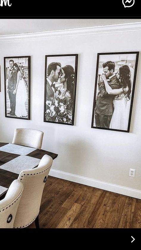 Us Home Decor, Canvas Living Room Decor Family Photos, Picture Wall Wedding Photos, Family Photo Living Room Decor, Wedding Picture Living Room Display, Dining Room With Family Pictures, Mixtiles Photo Wall Wedding, Married House Decor, Living Room Family Portrait Wall Ideas