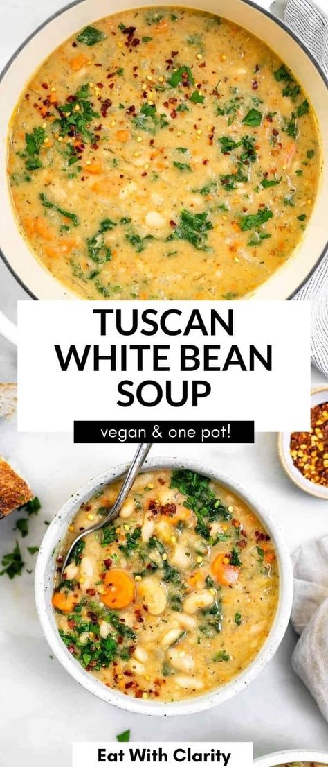 Vegetarian Soups, Tuscan White Bean Soup, Tuscan White Bean, Vegetarian Soup Recipes, Bean Soup Recipes, Tasty Vegetarian Recipes, White Bean Soup, Vegetarian Soup, Diet Vegetarian