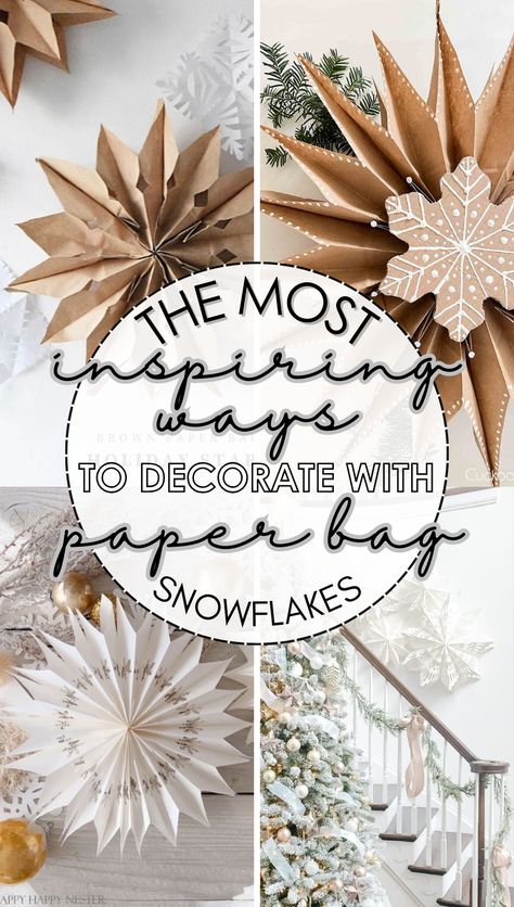 Winter Hanging Decorations, Paper Snowflake Window Display, Paper Snowflake Wall Decor, Paper Snowflake Decorating Ideas, Paper Winter Wonderland, Cricut Paper Snowflakes, Paper Snowflakes In Window, Paper Bag Snowflake Designs, Christmas Decor From Paper