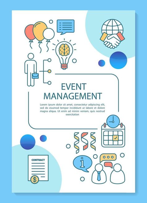 Event management planning poster template layout. Corporate party. Business meeting. Banner, booklet, leaflet print with linear icons. Vector brochure page layouts for magazines, advertising flyers Management Poster Design, Event Management Poster Design, Management Poster, Poster Design Background, Advertising Flyers, Party Business, Corporate Party, Vector Cartoon, Business Meeting