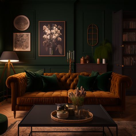 Chesterfield Ottoman Living Room, Green Walls Leather Couch, Green And Brick Living Room, Green Chesterfield Sofa Living Rooms, Green And Leather Living Room, Green Ottoman Living Room, Green Leather Couch Living Room, Leather Chesterfield Sofa Living Room, Leather Ottoman Living Room