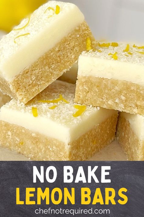 This lemon coconut slice tastes amazing and is super easy! It's a no bake slice (fridge slice) with a sweetened condensed milk base using crushed biscuits and plenty of zingy fresh lemon. Just like lemon bars, but without the fuss of baking. It's also got a soft and fluffy lemon frosting! #chefnotrequired #slicerecipes #slices #nobakeslice Healthy Slices Recipes, No Bake Lemon Cake, No Bake Condensed Milk Recipes, No Bake Desserts Lemon, No Bake Slice, No Bake Lemon, Lemon Slices, Lemon Slice Recipe, Easy Slices No Bake