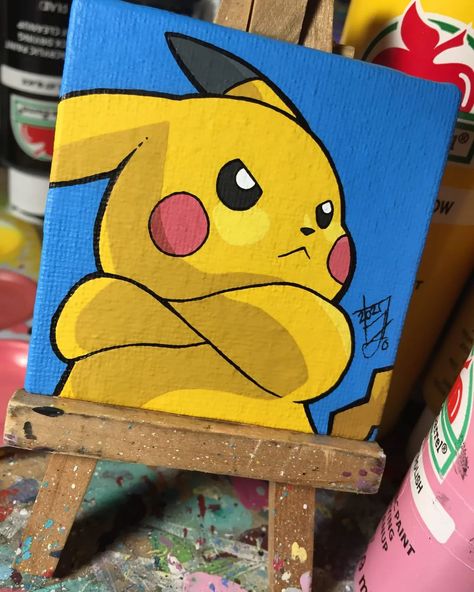 Cute Paintings Cartoon, Draw Canvas Ideas, Pikachu Painting Easy, Simple Pokemon Painting, Anime Painting Acrylic Easy, Pokemon Art Projects, Pokemon Canvas Art, Anime Canvas Art Paint Easy, Pokémon Painting Ideas