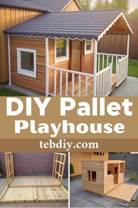 Cheap DIY Pallet Playhouse Project For Little Girls Build A Playhouse On A Budget, Diy Palette Playhouse, Cubby House Diy, Playhouse Pallets Diy, Simple Outdoor Playhouse, Diy A Frame Playhouse, Diy Kids Playhouse Outdoor Easy, Shed Into Playhouse, Easy Playhouse Plans