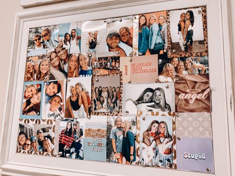 Photo Wall Collage Bulletin Board, Dorm Room Photo Collage, Dorm Picture Collage, Bulletin Board Picture Collage, Bedroom Wall Collage Pictures, Cork Board Picture Collage, Picture Board Ideas, Collage Pictures Aesthetic, Wall Collage Pictures Aesthetic