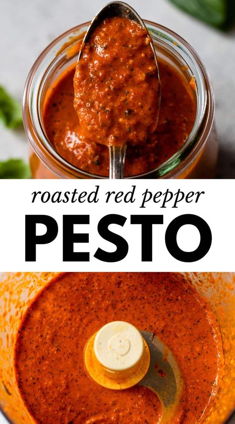 This easy Red Pepper Pesto is rich, smoky, and sweet, making it fantastic on everything! Use it as a pasta sauce, a topping for pizza, salad dressing, and so much more. Red Pepper Pasta Salad, Pesto Spaghetti Sauce, Bell Pepper Pesto Recipe, Green Pepper Pasta Sauce, Roasted Red Pepper Pesto Recipes, Roasted Red Pepper Vinaigrette, Pesto And Marinara Pasta, Red Pepper Pesto Pasta, Roasted Red Peppers Sauce