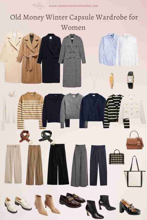 How to create an old-money capsule wardrobe for women? – Winter edition - Modest and Minimalist Old Money Outfits For Winter Woman, Capsule Wardrobe For Working Women, Classy Winter Capsule Wardrobe, Old Money Winter Women, Fashion Outfits Old Money, Old Money Coats Women, Old Money Winter Wardrobe, Winter Outfit Ideas Dress To Impress, Classy Old Money Outfits Winter